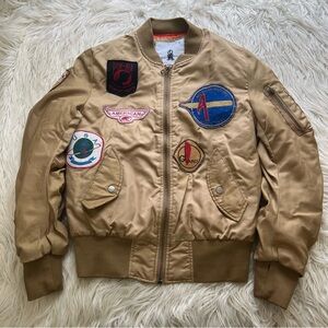 Vintage Y2K Uncle Ralph Tan Insulated Bomber Jacket Patches Retro Quilted Size S